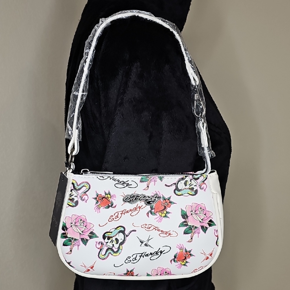 NWT Ed Hardy Tattoo-Styled White Mini Shoulder Bag Skulls, Roses, Hearts